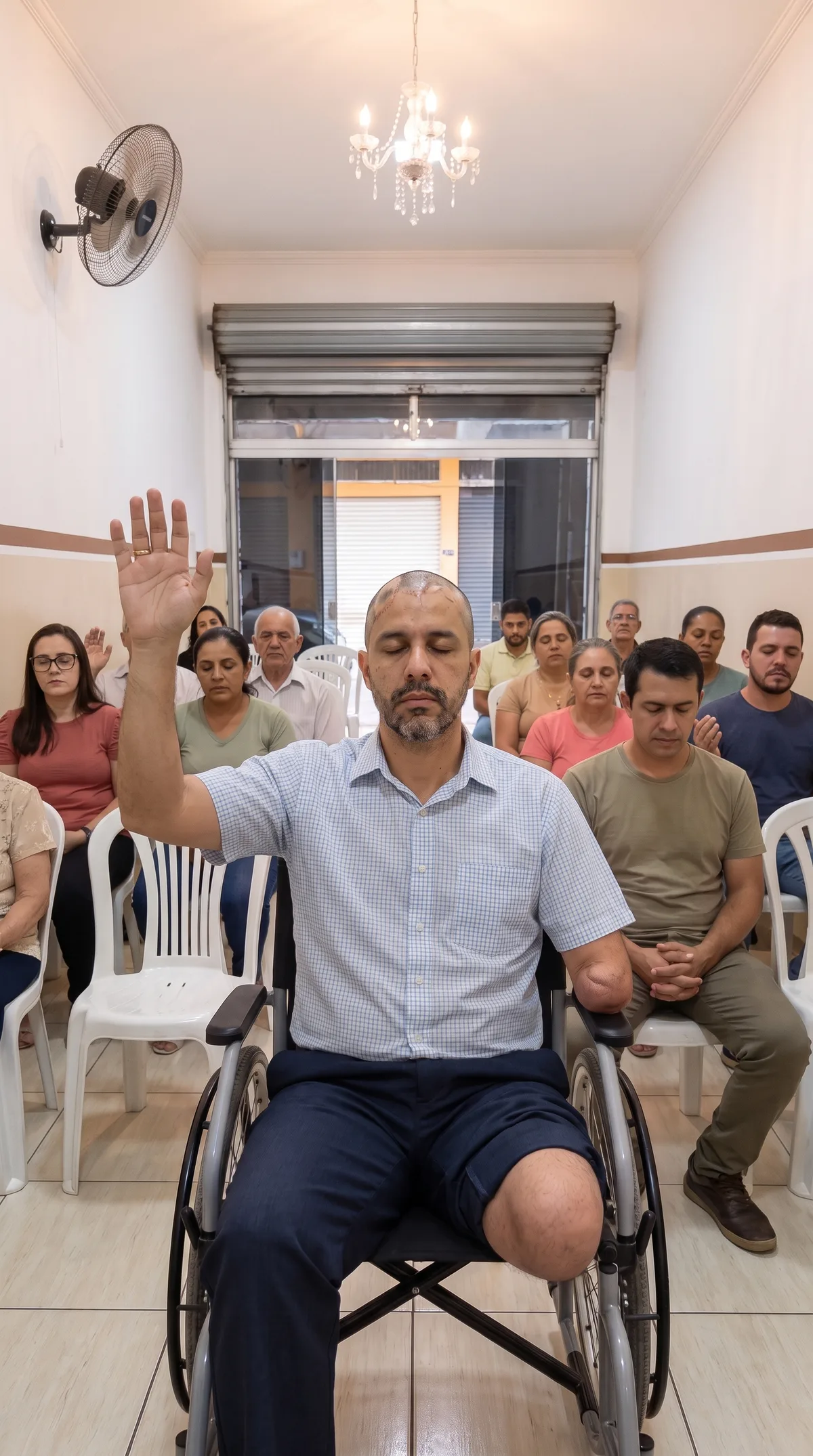 Roberta empurrando a cadeira dele pelo corredor da igreja